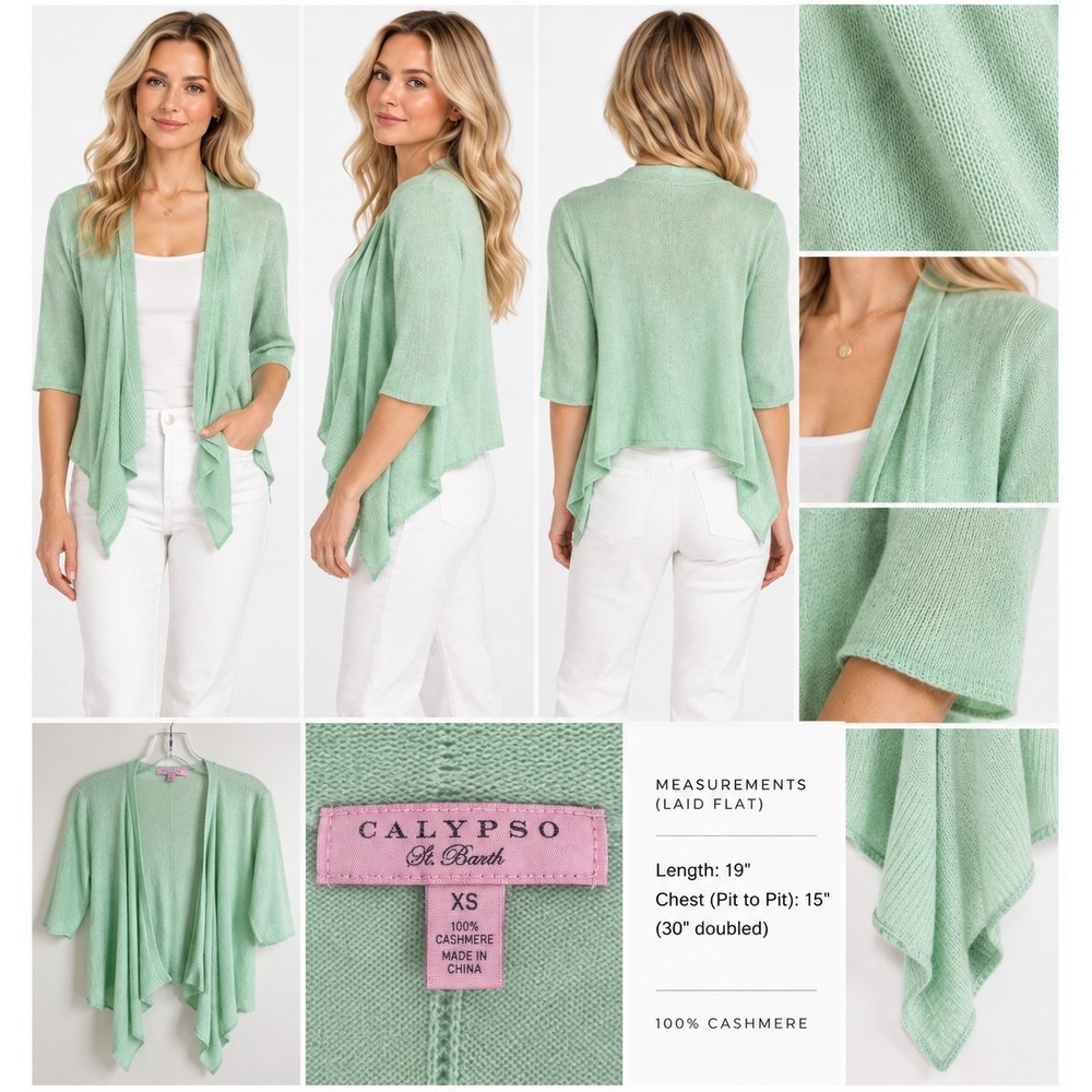 Calypso St Barth XS Cashmere Mint Green Waterfall Cardigan Draped Open Front